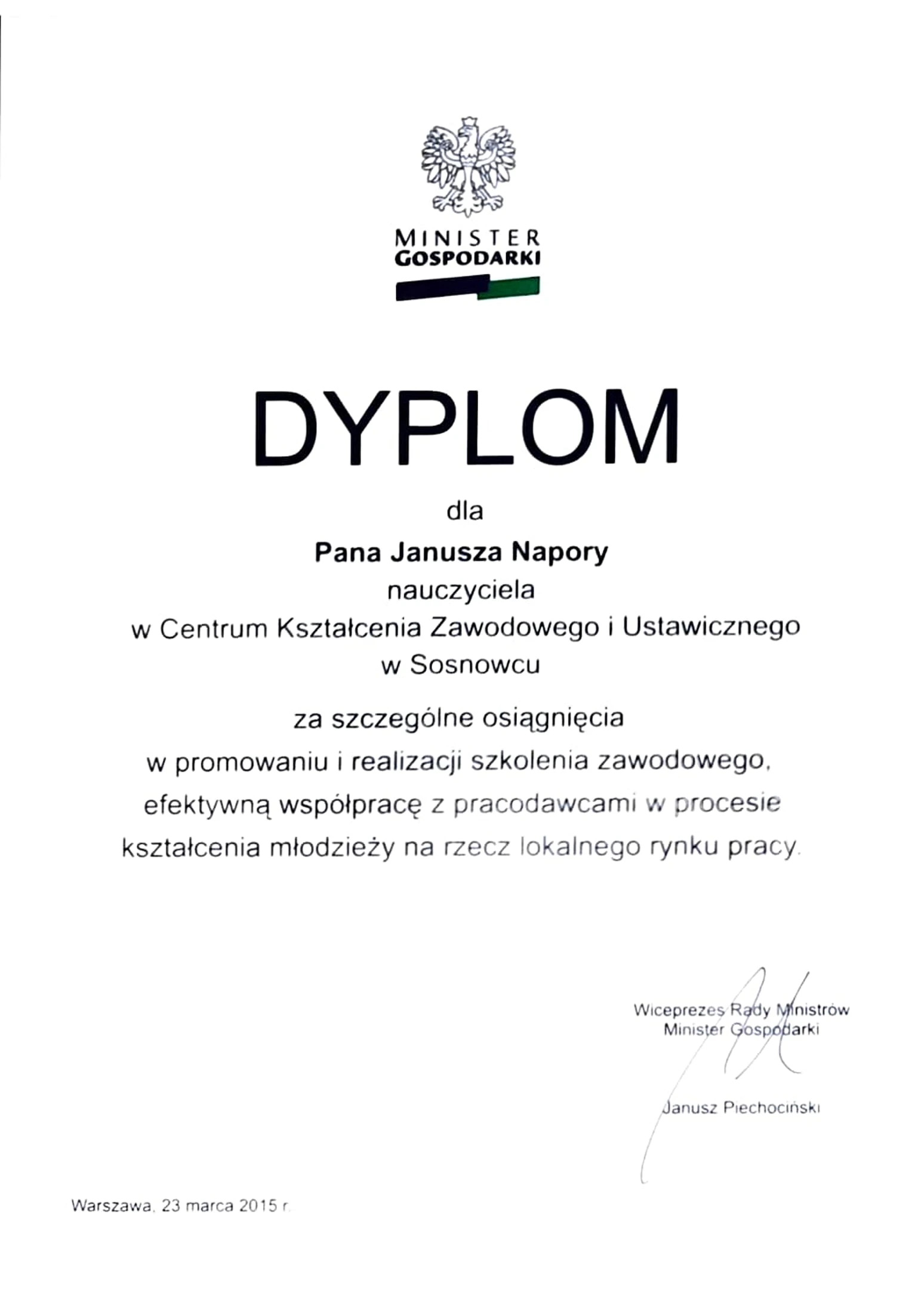 Dyplom - Nagroda Wiceprezesa Rady Ministrów 2015 Dyplom - Nagroda Wiceprezesa Rady Ministrów 2015